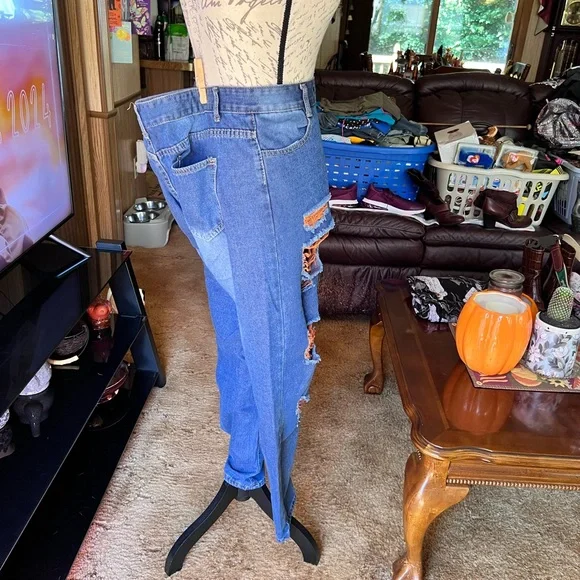 High Rise Jeans for Women Trendy 90s Denim Straight Leg Jeans orange thread rips - Picture 7 of 16